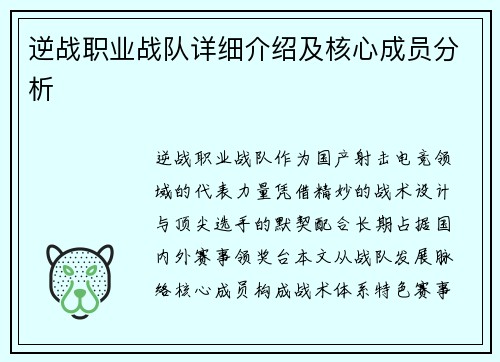 逆战职业战队详细介绍及核心成员分析